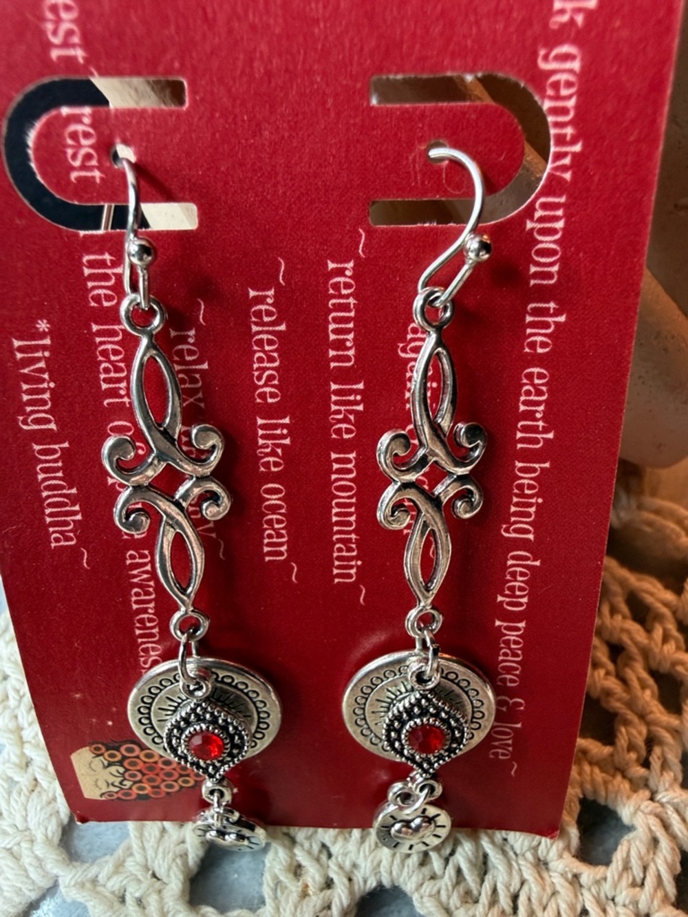 Sterling-Tone Silver Dangle Earrings with Red Accent - Picture 2 of 3